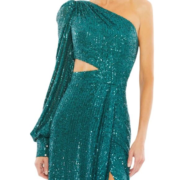Ieena for Mac Duggal Green Sequined One Shoulder Cut Out Gown 26730 Women’s Sz 4 - Picture 3 of 9